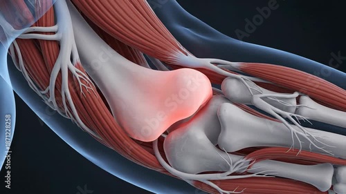 Anatomical illustration of human elbow joint with muscles and bones