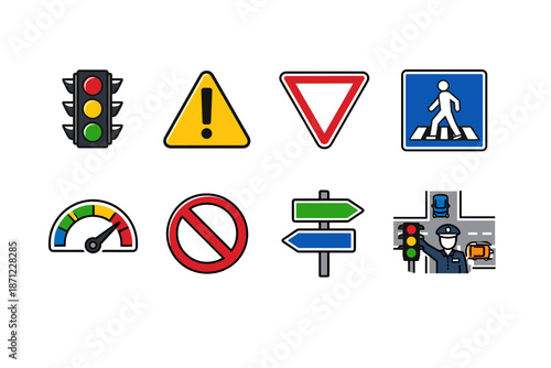 Set of road traffic signs and symbols including traffic light, warning triangle, yield, pedestrian crossing, direction arrows, speed gauge, and prohibition