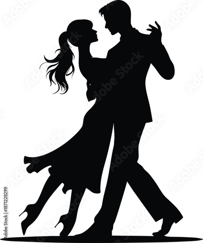 Silhouette of a couple dancing the tango elegant movement and passion isolated on white background for romantic design