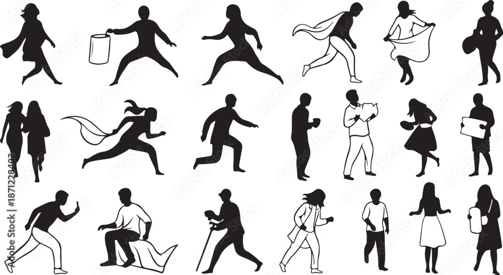 Fototapeta premium Silhouette illustrations of people in various dynamic poses and actions