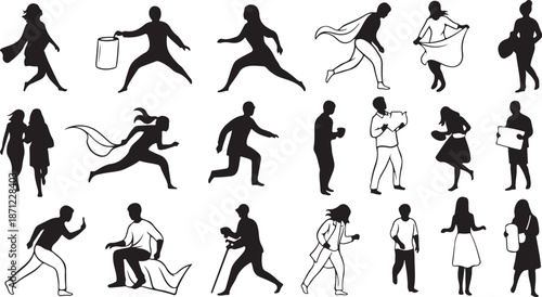 Silhouette illustrations of people in various dynamic poses and actions