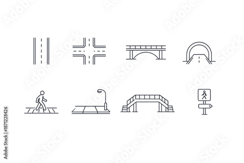 Minimal line icon set of road infrastructure and pedestrian elements including highway, intersection, bridge, tunnel, crosswalk, sidewalk, overpass, sign