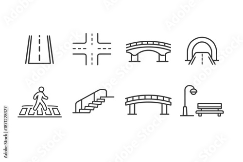 Minimal line icon set of transportation and urban elements including road, intersection, bridges, tunnel, crosswalk, stairs, streetlamp and bench