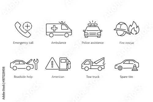 Minimal line icons illustrating emergency call, ambulance, police assistance, fire rescue, roadside help, tow truck, spare tire, and warning symbols