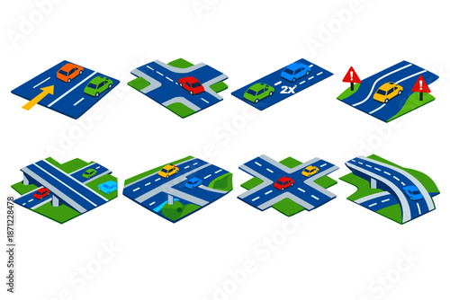 Isometric road segment icons showing highway lanes, intersections, curves, overpass and traffic with cars, signs, arrows, and crossroad layouts