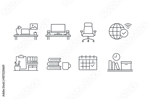 Minimal line icon set of office workspace items including desk, computer, chair, books, calendar, shelf, checklist, and global connectivity