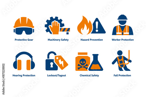Industrial workplace safety icon set showing protective gear, machinery safety, hazard prevention, worker protection, lockout, chemical and fall safety