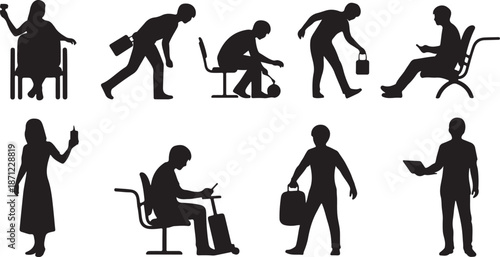 Silhouettes of people in various daily activities and poses