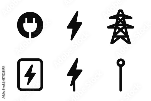 Energy icons set: electricity and power symbols in bold silhouette design