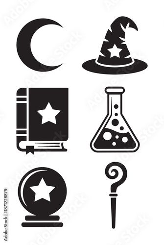 Black and white of magic and astronomy symbols witch wizard