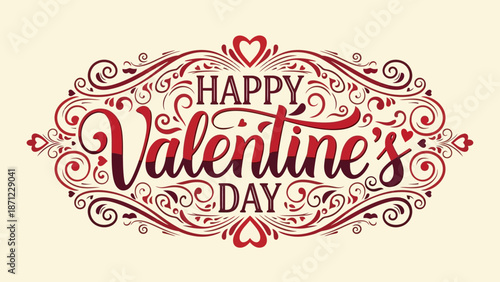 Happy Valentine's Day elegant vintage ornate frame with hearts on a light beige background, romantic holiday message.