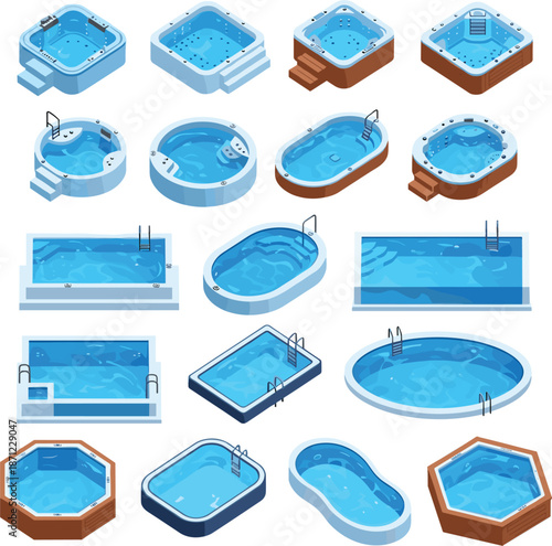 Isometric swimming pool illustration set with modern backyard spa jacuzzi and water recreation designs