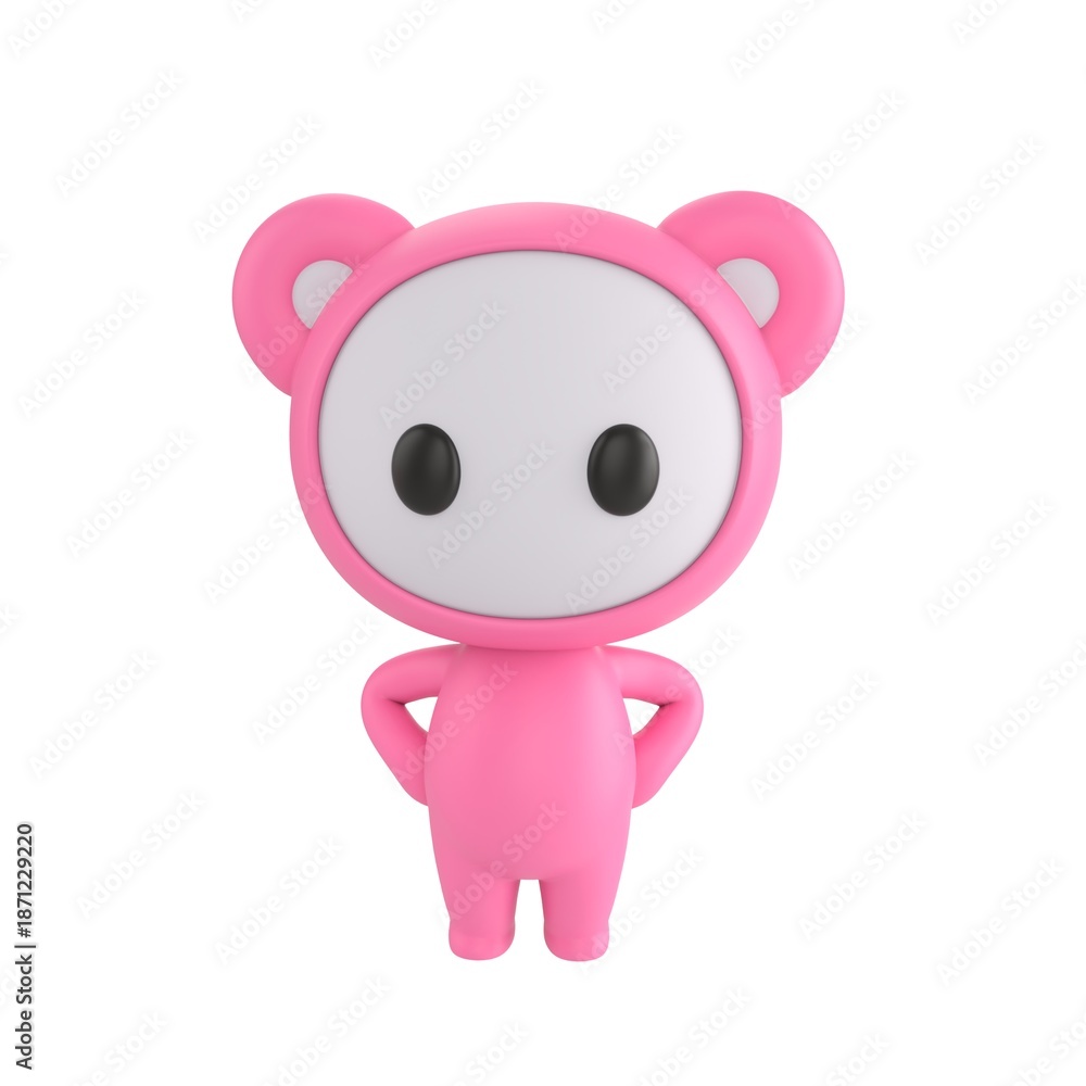 Obraz premium Cute 3D render Little Pink Monster character standing with hands on hips, confident and assertive mascot style, isolated on white background for leadership, attitude, and digital design.