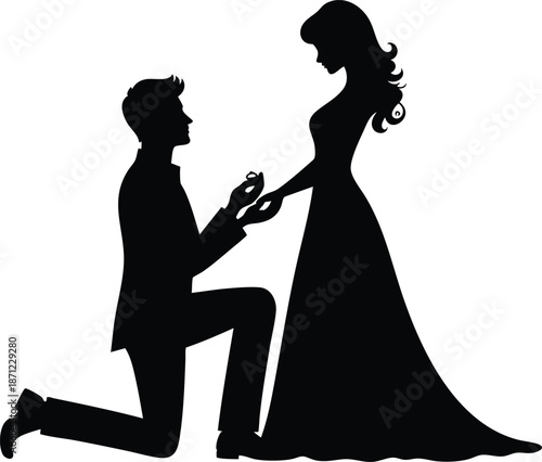 Man proposing marriage to woman with engagement ring silhouette illustration for wedding and romance concepts isolated on white