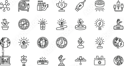 Renewable energy and eco technology line icons illustration set with power light sustainability symbols