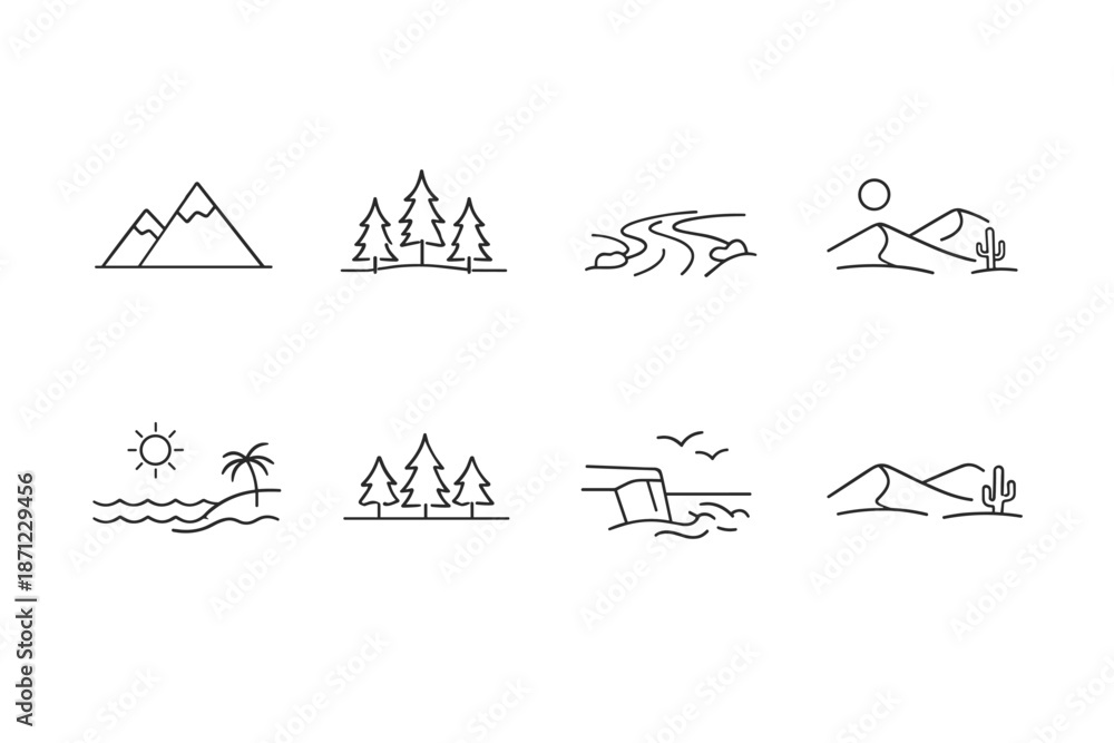 Fototapeta premium Minimal line landscape icons set featuring mountains, forest trees, winding river, desert dunes, tropical beach with sun, sea waves, and birds