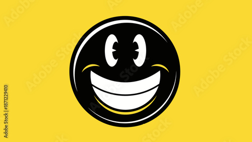 Cheerful Black Smiley Face with Big Smile on a Vibrant Yellow Background.