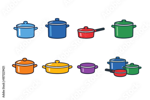 Colorful set of cartoon kitchen cookware including pots, saucepans, and casseroles with lids in assorted sizes on a clean white background