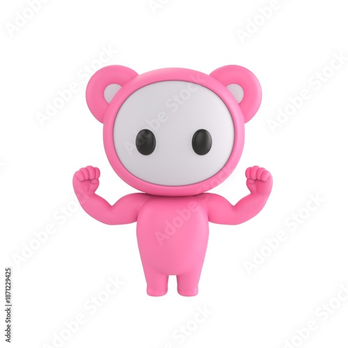 Schilderij op canvas Cute 3D render Little Pink Monster character flexing muscles to show strength, confident and powerful mascot style, isolated on white background