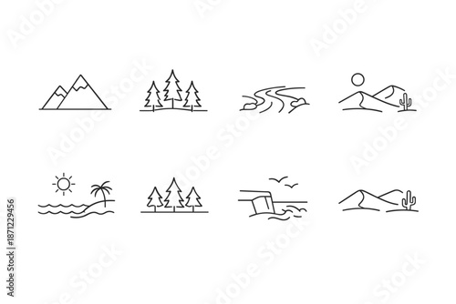 Minimal line landscape icons set featuring mountains, forest trees, winding river, desert dunes, tropical beach with sun, sea waves, and birds