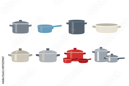 Flat vector set of assorted cooking pots, saucepans, and lidded casseroles in various colors, arranged in two rows on a white background