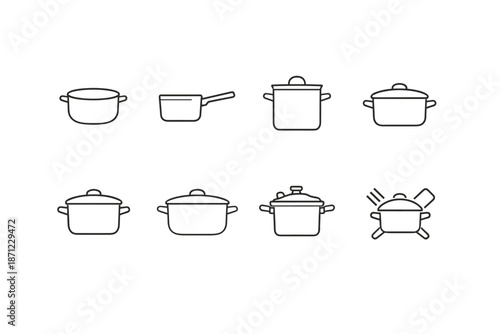 Minimal line art set of cooking pots and saucepan icons, including lidded casseroles and steaming cookware silhouettes on a clean white background