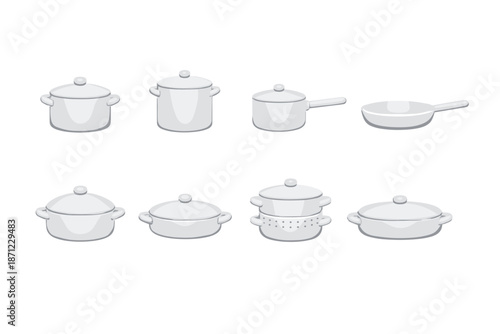 Minimal white cookware set featuring lidded pots, saucepans, skillet, and steamer, arranged in rows as clean kitchen utensil icons