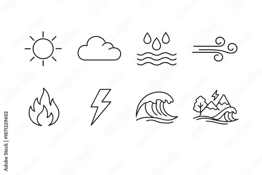 Obraz premium Minimal line icon set of weather and natural elements featuring sun, cloud, rain, wind, fire, lightning, ocean wave, and landscape symbols