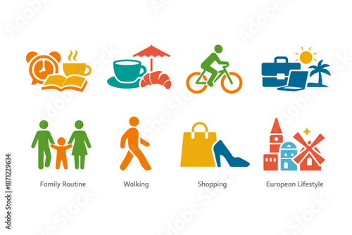 Colorful lifestyle infographic icons showing family routine, walking, shopping, and European leisure activities with travel, biking, coffee, and landmarks