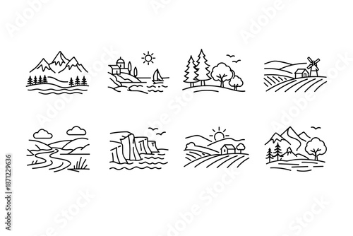 Set of minimal line landscape icons featuring mountains, seaside village, forest trees, windmill farmland, river valley, cliffs, sunrise hills, and cabin