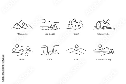 Minimalist line icons set of natural landscapes featuring mountains, sea coast, forest, countryside, river, cliffs, hills, and scenery on white