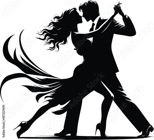 Elegant couple dancing tango silhouette of man and woman in formal attire passionate movement for romance and event design isolated on white