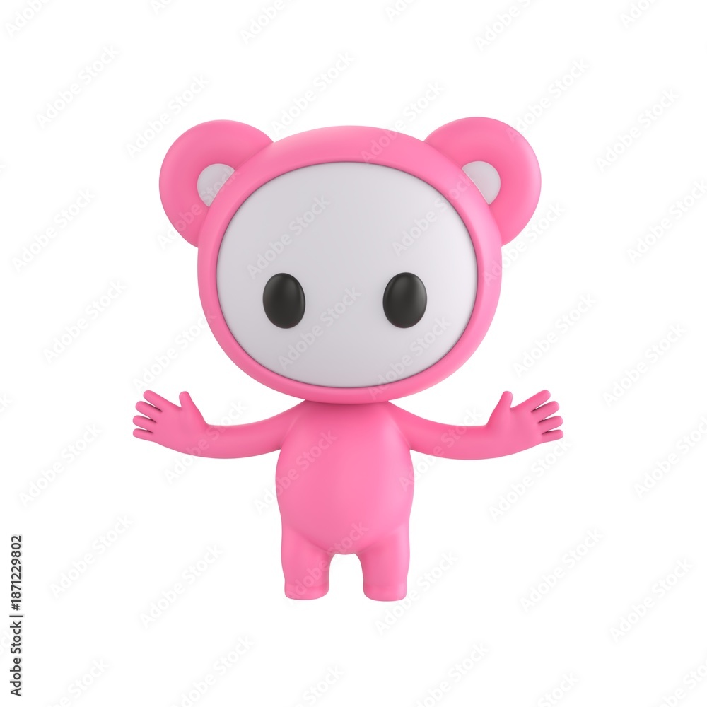 Obraz premium Cute 3D render Little Pink Monster character standing with arms spread in a surprised reaction, isolated on white background.