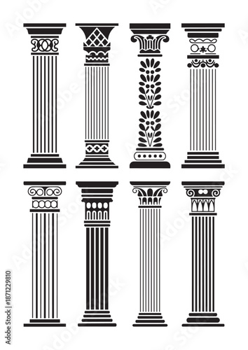 Black and white of various ancient greek roman column capitals and bases columns architecture