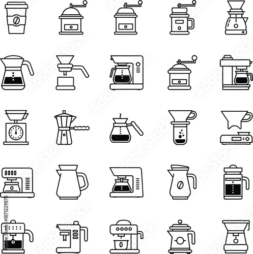 Coffee brewing equipment line icons illustration set with espresso makers grinders kettles and barista tools