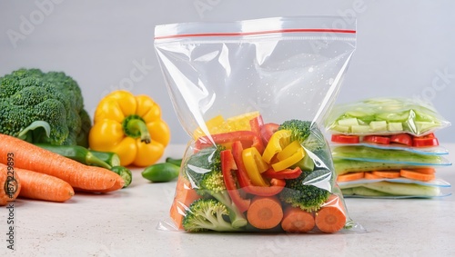 Close-up of fresh vegetables vacuum-packed in clear bags, showing carrots, broccoli, peppers, and zucchini, illustrating food prep and long-term vegetable storage