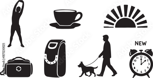 Daily Routine Icons Silhouettes Morning Person