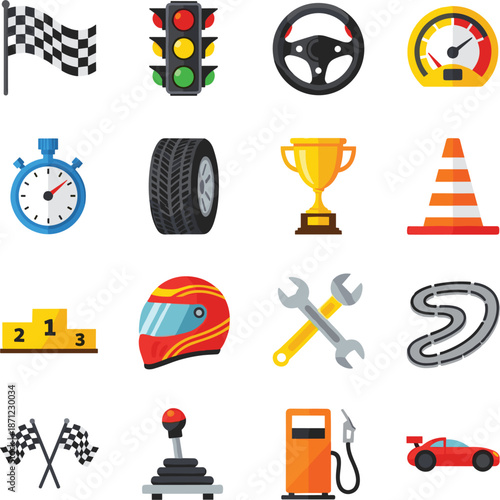 Racing and motorsport icons illustration set with car equipment flags trophies and track accessories