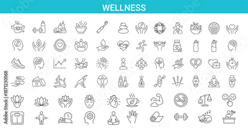 Wellness line icon set featuring fitness, yoga, meditation, healthcare, nutrition, mental health, spa, mindfulness, healthy lifestyle symbols, minimal outline vector collection for mobile apps