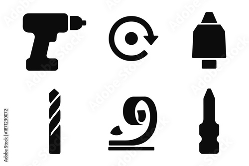 Silhouette icons of drill bits and tools for construction and repair