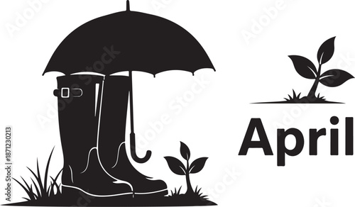April Rainy Day Boots and Umbrella Silhouette Illustration