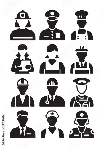 Black and white of various occupations people professions