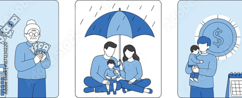 Family financial protection and insurance illustration set showing savings security care and future planning concept
