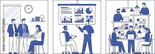 Business meeting and data analytics illustration set showing teamwork presentation strategy and modern office collaboration