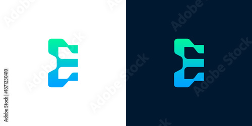 Abstract letter E symbol with futuristic appeal, utilizing a striking teal and blue gradient, ideal for corporate identity, tech startups, and modern businesses