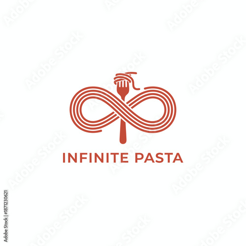 Creative red pasta logo featuring an infinity symbol made of noodles wrapped around a fork