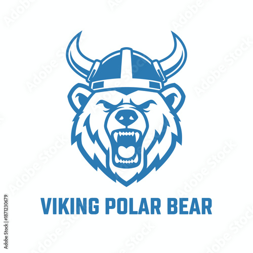 Powerful blue polar bear mascot wearing a horned viking helmet for sports or gaming