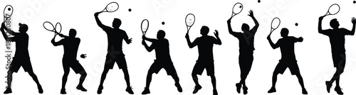 Silhouette sequence of tennis player serving with racket and ball, showing dynamic motion, athletic technique, sports training and biomechanics illustration
