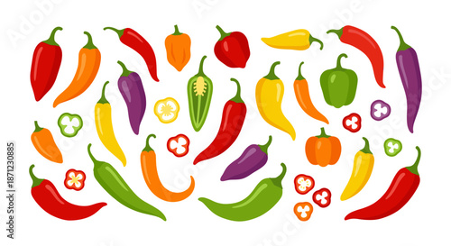 Chili peppers and bell peppers mix on white background