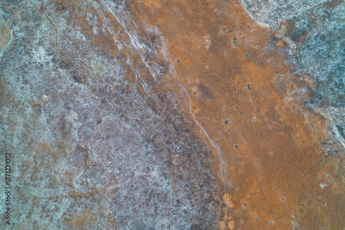 Winter marshland surface with frozen soil and dry vegetation patterns resembling alien planet aerial drone shot